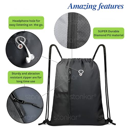 Image of ActiveFit Drawstring Bag | Gym and String Backpack | Sports Bag | 17 inch x 13 inch Inch (Black-Grey)