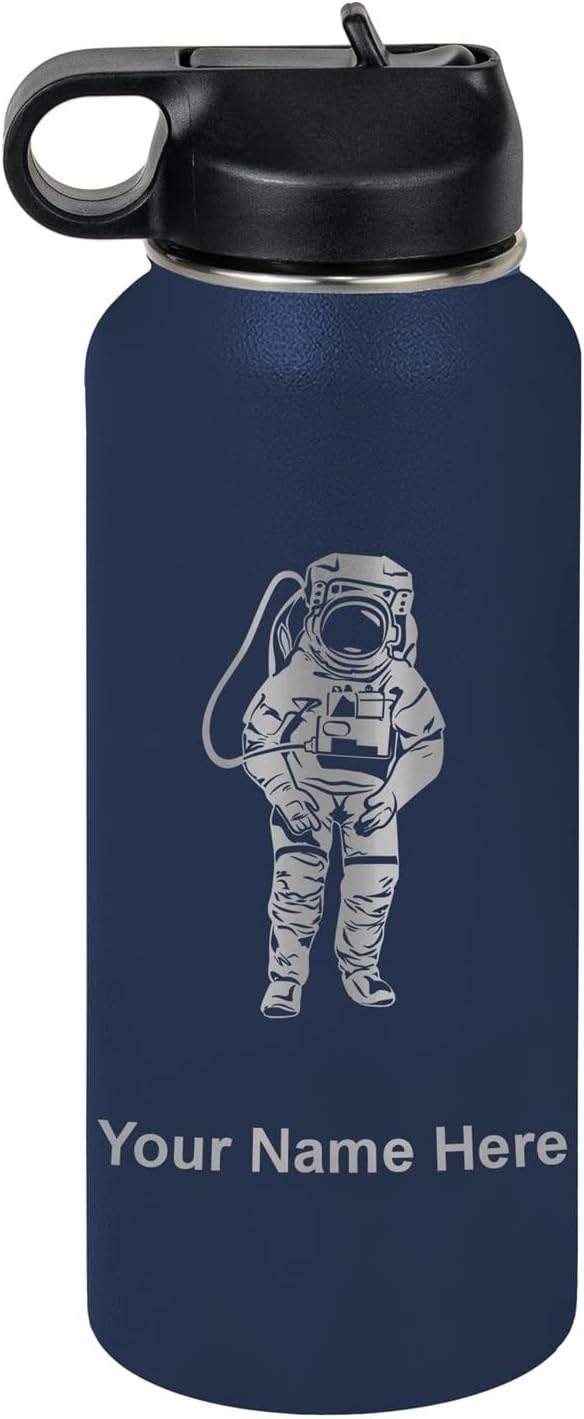 LaserGram Personalized Water Bottle, Astronaut, Stainless Steel Double Wall Vacuum Insulated with Flip Top Straw, Custom Engraved Gift (32oz / 950ml Navy Blue)