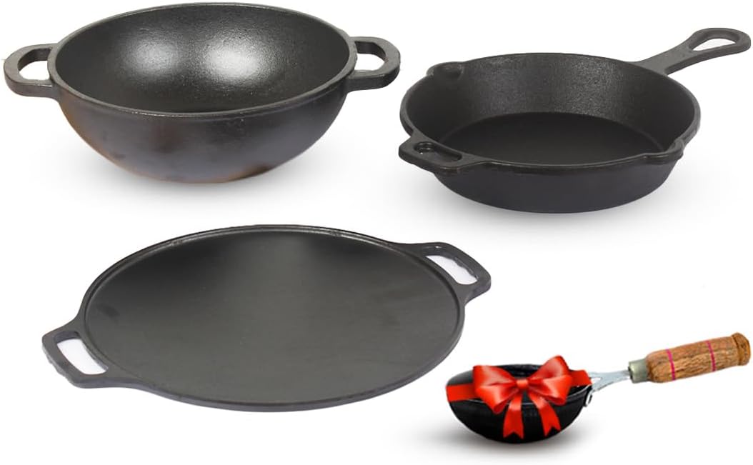 The Indus Valley Pre-Seasoned Cast Iron Cookware Set + Free Iron Tadka Pan | Tawa(30.2cm)+ Kadai(25.4cm/2.3L)+ Fry pan(23cm/1.4L) | Kitchen Cooking Combo Pots and Pans Set of 4Pcs | Naturally Nonstick