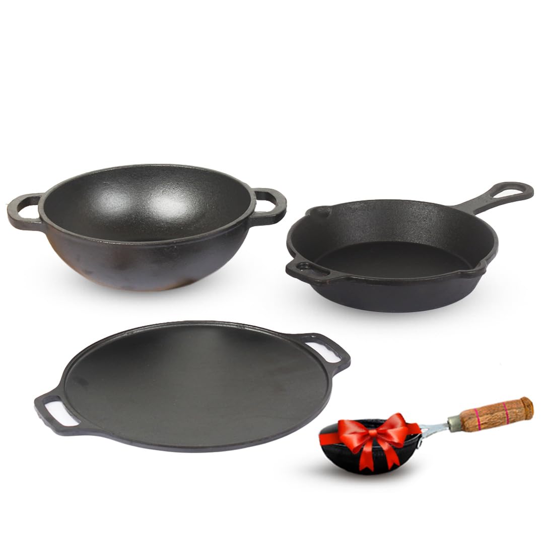 The Indus Valley Pre-Seasoned Cast Iron Cookware Set + Free Iron Tadka Pan | Tawa(30.2cm)+ Kadai(25.4cm/2.3L)+ Fry pan(23cm/1.4L) | Kitchen Cooking Combo Pots and Pans Set of 4Pcs | Naturally Nonstick