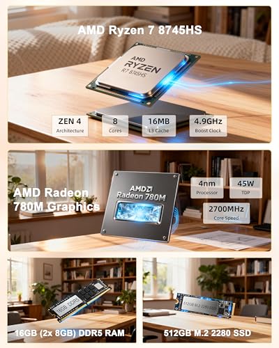 Image of Gaming Mini PC AMD Ryzen 7 8745HS (8C /16T, Upto 4.9GHz) 16GB DDR5 RAM 512GB SSD, 10W Hi-Fi Speaker Mini Computer with USB-C 4.0 /3-Screen Output /Wi-Fi 6 /BT 5.2 /2.5G NIC for Home Office