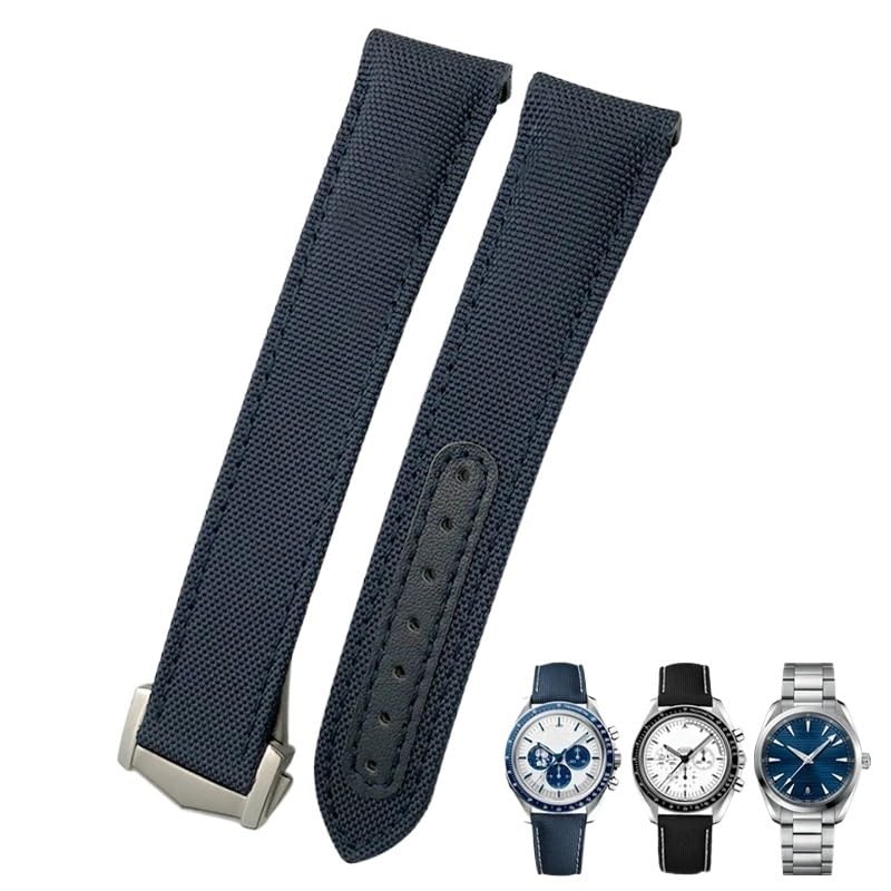 JDIME Skórzany pasek do zegarka z nylonu o dużej gęstości 20mm 21mm 19mm pasuje do paska zegarka Omega Seamaster AQUA TERRA 150 GoodPlanet GMT zakrzywiony koniec(Blue blue)