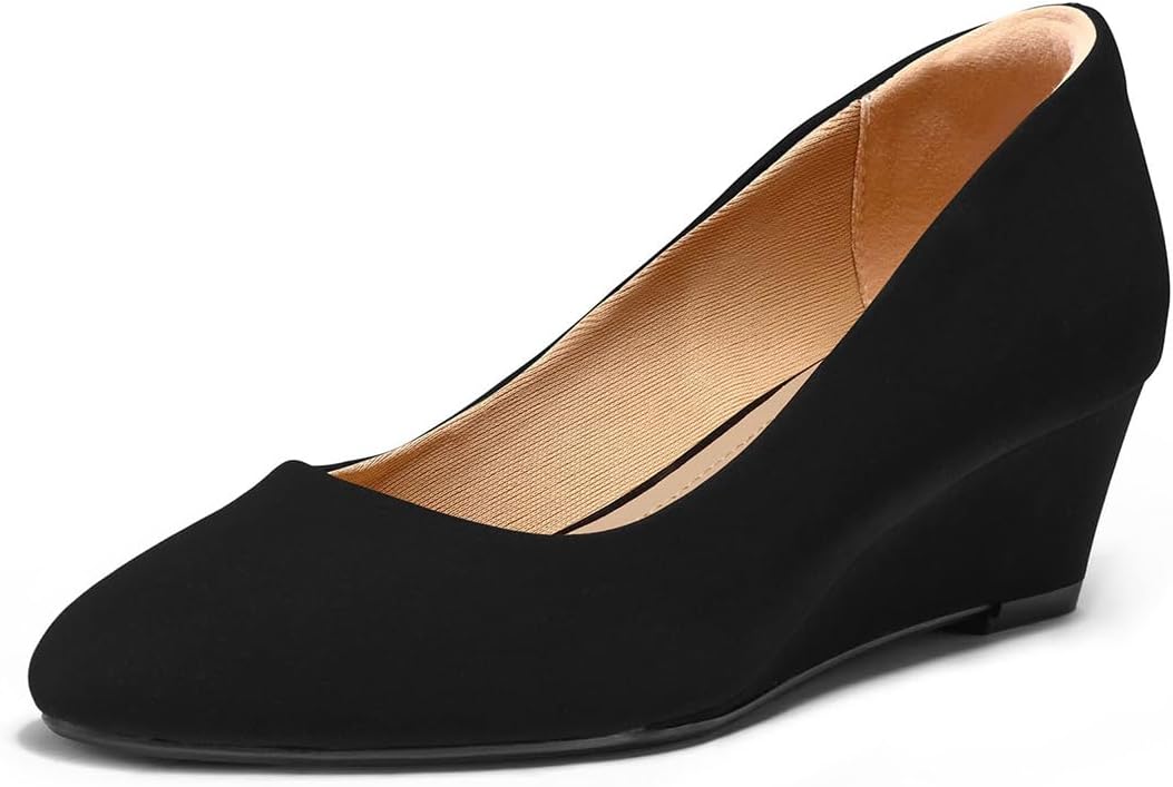 FSJ Women Round Toe Wedge Heels Pumps Closed Toe Solid Slip On Mid Heels Wedding Bride Dress Shoes Size 4-15 US