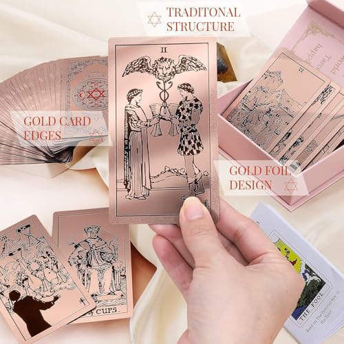 Image of Oracle Rose Gold 78 foil Tarot Cards with Guide Book Tarot Deck for Beginners and Professional Player with Box Tarot PVC Durable Waterproof Wrinkle Resistant