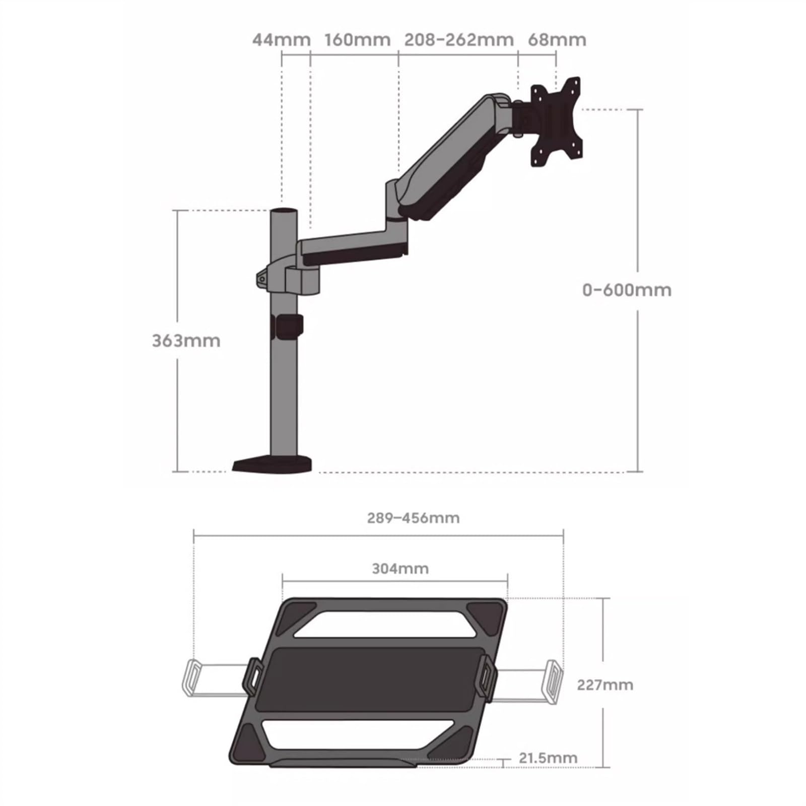 Supporto da scrivania per monitor Supporto da scrivania for laptop 2 in 1 con vassoio for monitor da 17-32" e laptop da 12-17", supporta 19,8 libbre, braccio da scrivania for laptop completamente rego