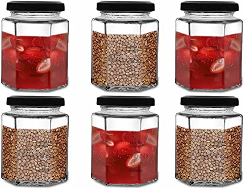 Image of Croco Hexagon Glass Jar and Container With Rust Proof Air Tight Black Lid, Suitable For Use In Your Home Office, Kitchen Storage (Pack Of 6)