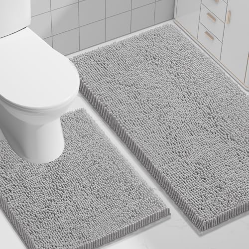Image of Smiry Bathroom Rugs Set 2 Piece, Soft Absorbent Chenille Bath Mat and U-Shaped Toilet Rug Set, Non Slip Shaggy Bath Carpet for Tub, Shower and Floor (30x20+24x20, Light Grey)