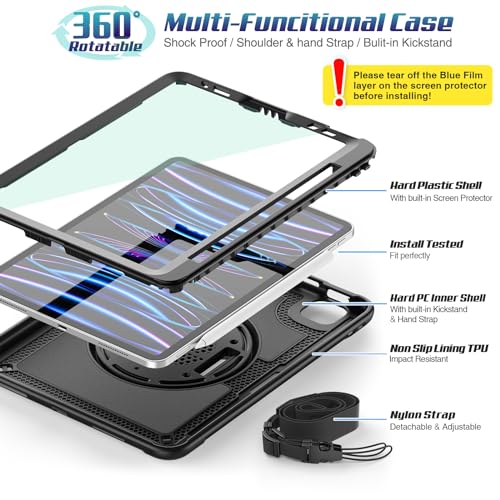 SEYMAC stock Case for iPad Pro 11 & Air 4th/5th Generation 10.9 Inch, Shockproof Case with Screen Protector, Rotating Hand Strap/Stand, Shoulder Strap, Wireless Charging Pencil Slot, Black - Image 5