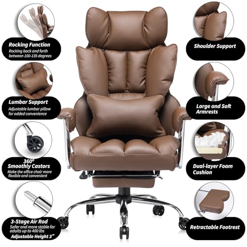 Image of Efomao Big and Tall Office Chair 400lbs - High Back Executive Chair with Swivel Base, PU Leather Upholstery, Lumbar Pillow, Padded Armrests, and Rolling Wheels,Brown Computer Chair