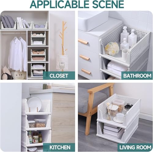 Image of RAYMOX Polypropylene 4 Pieces Wardrobe Organizer for Storage | Foldable & Stackable Closet Basket | Cupboard Organizer for Clothes | Space Saver for Kitchen (White)