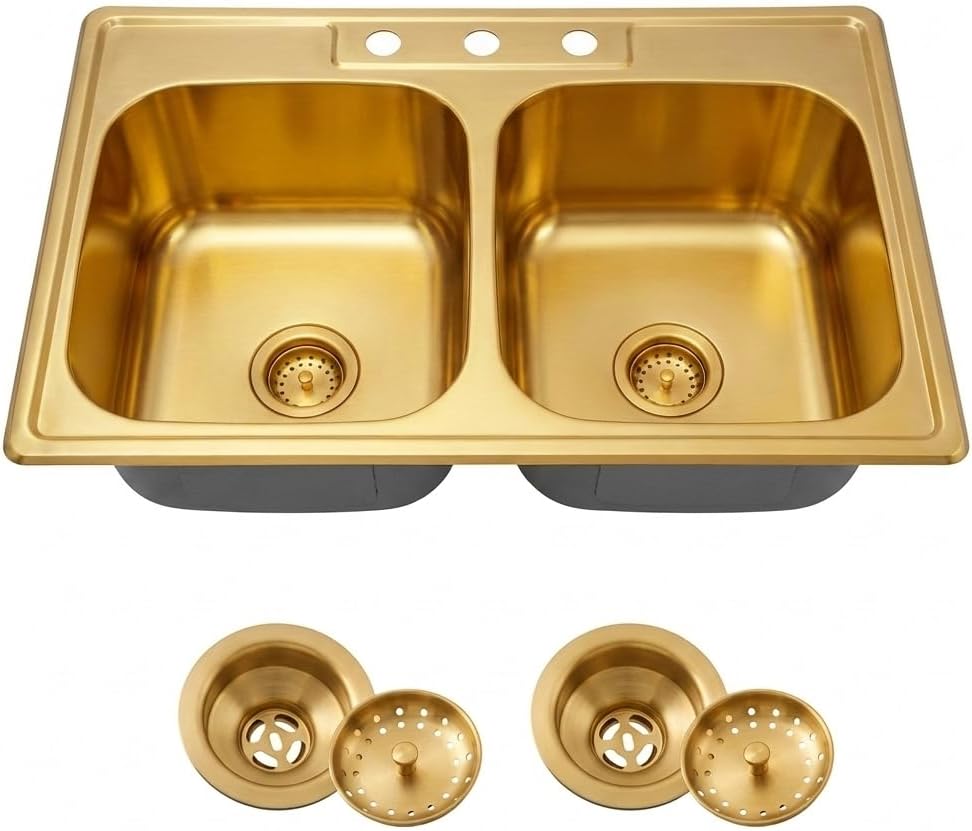 Kitsitchen 33x22 Drop In Kitchen Sink, Gold Stainless Steel Top Mount 50/50 Double Bowl Kitchen Sinks, 33 Inch Large and Deep Kitchen Sink with Sink Strainer