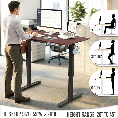 Image of SHW 55 x 28 Inches Electric Height Adjustable Standing Desk with Drawer and Memory Preset, Cherry