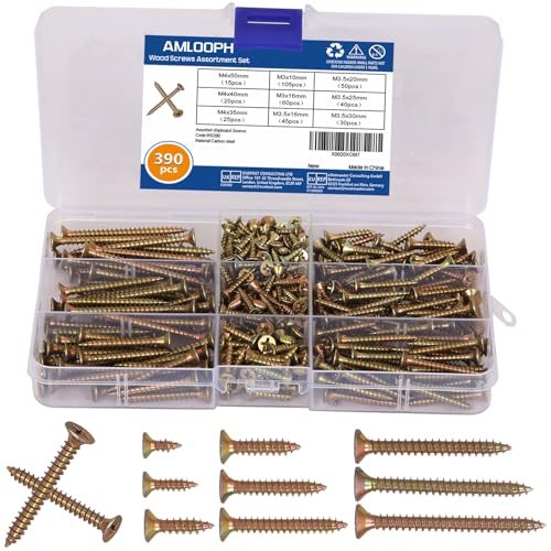 AMLOOPH Wood Screws Assortment 390pcs Mixed Small Flat Head Self Tapping Screws For Wood 10mm - 50mm Long Assorted Countersunk Galvanised Decking Screw Set Pack With Screw Box