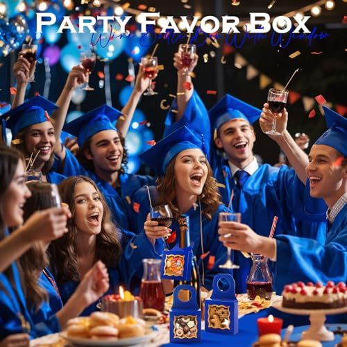 ISKYBOB 20PCS Wine Bottle Box with Window, Kraft Paper Wine Boxes for Gifts Hanging Wine Treat Box Mini Charcuterie Boxes Wine Champagne Bottles Gift Box Candy Box for Party Favor, Blue Golden