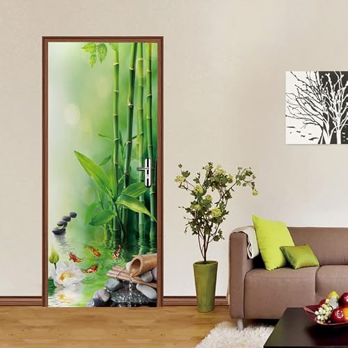 Door Sticker Wallpaper Murals Peel And Stick, Wall Sticker Decal For Bedroom Home Decor Waterproof, Removable Premium Vinyl Upgrade, Bamboo Flowing Water Peacefully #TOP1