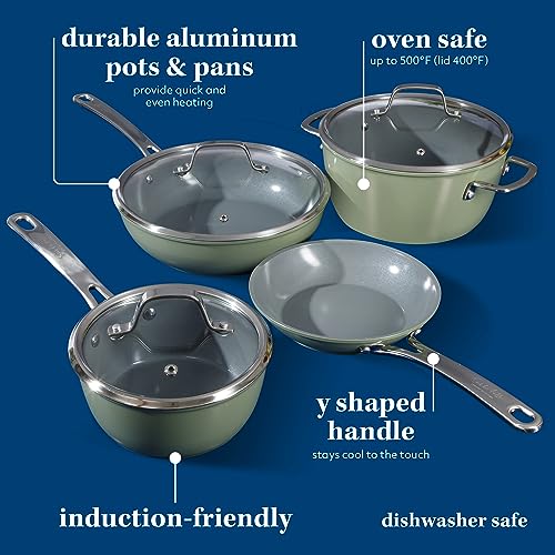 Sur La Table Kitchen Essentials 10 Piece PFA Free Non-Toxic Titanium Ceramic Nonstick Interior Forged Aluminum Cookware Pots and Pans Set - Green - Induction Compatible by Sur La Table - Image 3