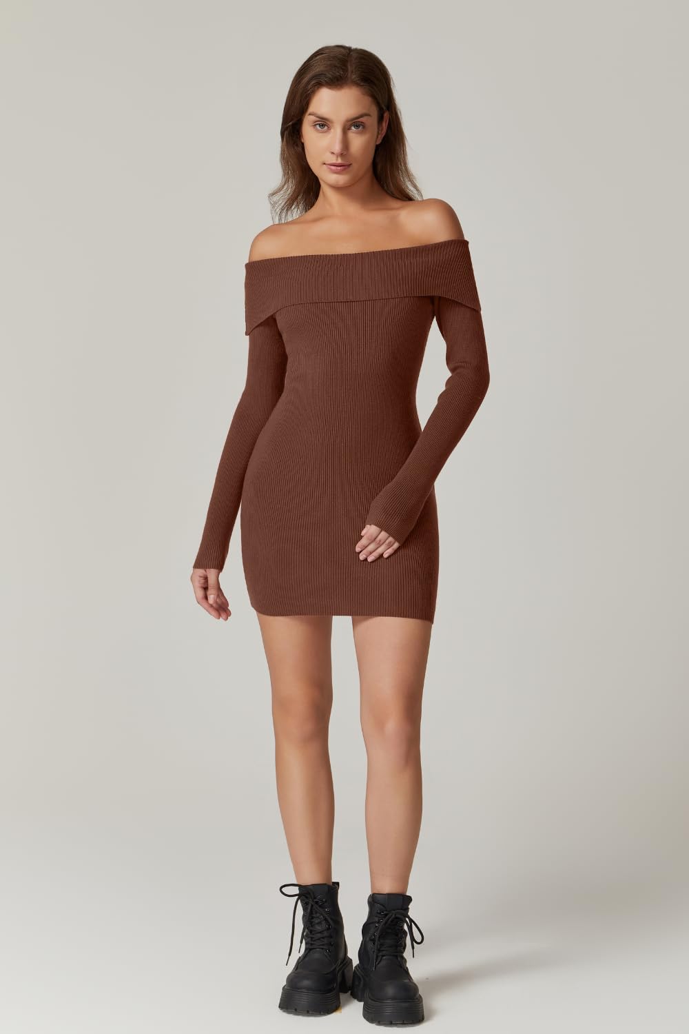 QINSEN Women's Off The Shoulder Ribbed Knit Sweater Dress Folded Neck Long Sleeve Mini Dress 2024 Trendy Fall Outfits - Image 3