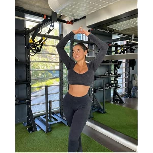 IMEKIS Abbigliamento da allenamento da donna, 2 pezzi, abbigliamento sportivo da palestra, set sportivo a vita alta, leggings senza cuciture a costine, per yoga, sport