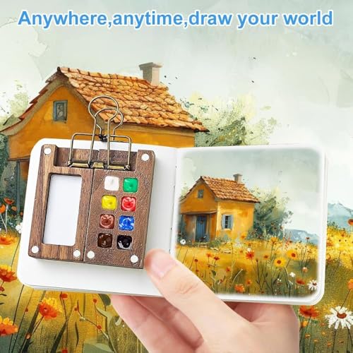 Tragbare Gouache Farben Set, Mini Aquarell Paletten Set Holz Reise, Mini Palette Watercolor Reise Set Acrylmalerei Kommen Mit Aquarellpapier Journal, Aquarellpinsel Stifte Und EIN Clip (8 Gitter)