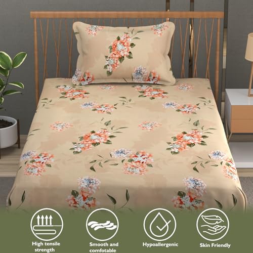 Image of Fresh From Loom Hypoallergenic Floral Print Single Bed Bedsheet with 1 Pillow Covers - Microfiber, 240 TC (60 x 90 inch| Beige, Floral Design)