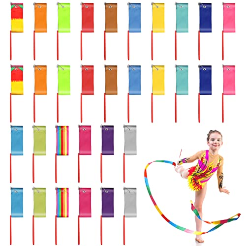 Image of 32 Pieces Dance Ribbons Rhythmic Gymnastics Rainbow Streamers, Kids Artistic Baton Twirling Ribbons with Non-Slip Handle for Dance Party, Talent Shows, Dance Gymnastics, 16 Colors