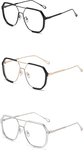 LJCZKA Square Blue Light Blocking Glasses Women Men 70s Pilot Metal Frame Oversized Double Bridge Computer Gaming Eyeglasses Anti Eyestrain Clear Lens
