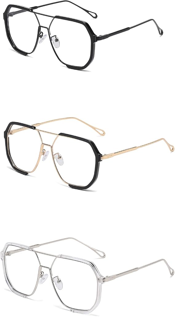 LJCZKA Square Blue Light Blocking Glasses Women Men 70s Pilot Metal Frame Oversized Double Bridge Computer Gaming Eyeglasses Anti Eyestrain Clear Lens