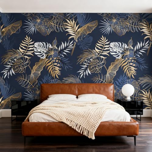 Surfino Luxury Tropical Palm Leaves Wallpaper Mural, Navy Blue Gold White, Modern Botanical Pattern, Large Scale Wall Decor for Bedroom Dining Room Wallpaper (Color9, 157" L x 110" H) by Surfino - Image 3
