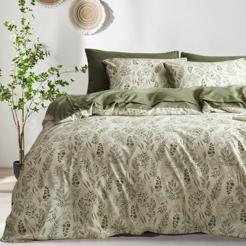 Image of Floral Duvet Cover Queen Size Reversible Olive Green Botanical Flower Bedding Set 3 Pieces Vintage Aesthetic Soft Lightweight Comforter Cover Set for Women Girls with 2 Pillowcases