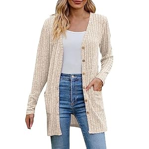 Generisch Strickjacke Damen Lang – Oversize Strickcardigan Longstrickjacke Langarm Mit Taschen & Knöpfen, Warmer Cardigan Pullover Als Offener Strickmantel Für Herbst Winter Beige