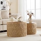 LZAREAL Farmhouse Round Coffee Table with Storage Boho Living Room Table with Lifting Top Hand-Woven Rattan Nesting Coffee Tables for Living Room, Natural