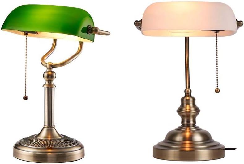 Green Glass Bankers Desk Lamp & White Matted Glass Bankers Desk Lamp