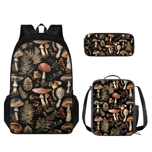 Bambini 3Pcs Zaino Set Scuola Bag con Pranzo Tote Pouch+Matita Organizer Fungo Estetica Set di zaini per la scuola