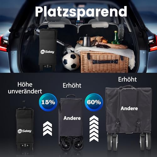 Sekey XXL Plus Bollerwagen Faltbar 200L 200KG Tragkraft, Faltbarer Bollerwagen Geländetauglich mit Bremsen, Handwagen Patentiert Klappbar aus Vier Richtungen, XXL-PlusG 4010, Tiefschwarz