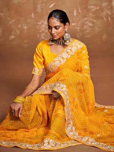 Image of Satrani Women'S Georgette Embroidery Bandhani Printed Saree With Unstitched Blouse Piece