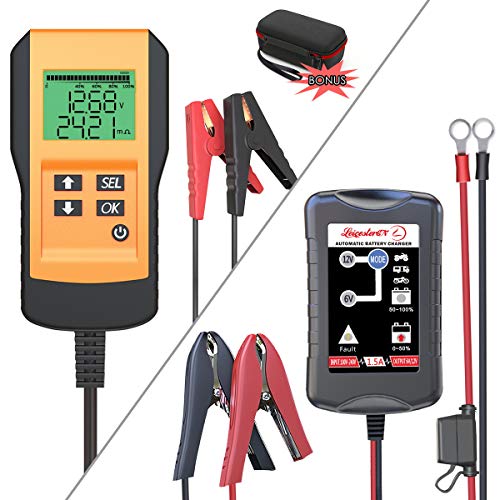 LEICESTERCN 6V 12V Trickle Battery Charger Maintainer Smart Float Charger and 12V Battery Tester for Automotive Digital 12V Car Battery Load Test and Analyzer for Flood, Gel, AGM, Deep Cycle Battery