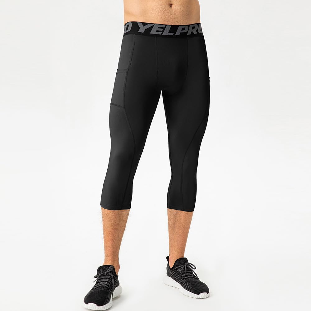 Men's 3/4 Compression Pants with Pockets Athletic Leggings Running Cool Dry Active Workout Sport Baselayer Tights