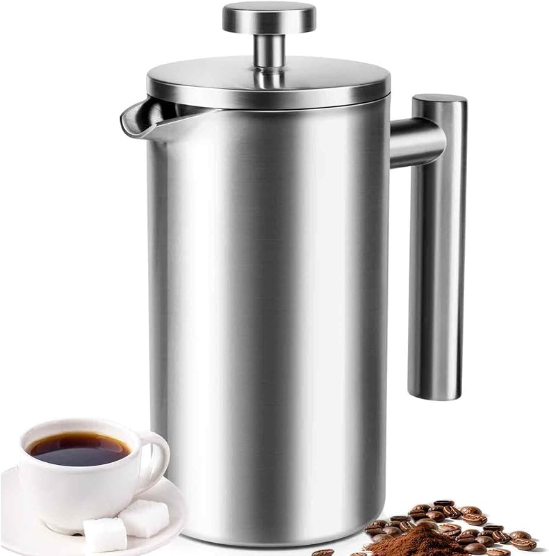 Prensa francesa 34 oz, cafetera de prensa francesa de acero inoxidable completa 4 tazas | Prensas de café francesas aisladas de doble pared mejoradas, grado alimenticio bueno para acampar en la cocina, aptas para lavavajillas 2 filtros más