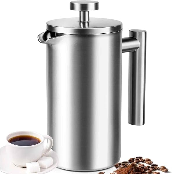 Full stainless steel French press coffee maker, 34 ounce, brushed silver