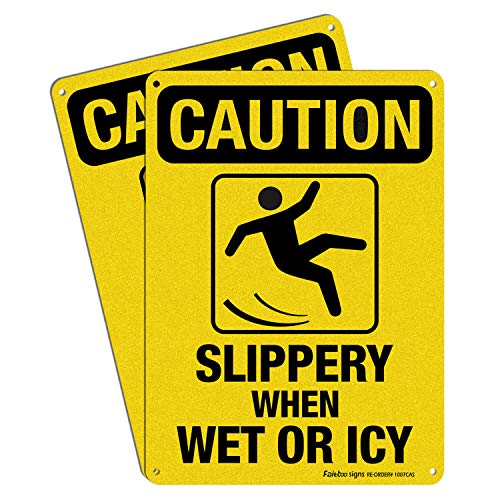 Caution Sign, Slippery When Wet or Icy Sign, (2 Pack) 10 x 7 Inches 0.40 Reflective Aluminum, UV Protected, Weather Resistant, Durable Ink, Easy to Mount