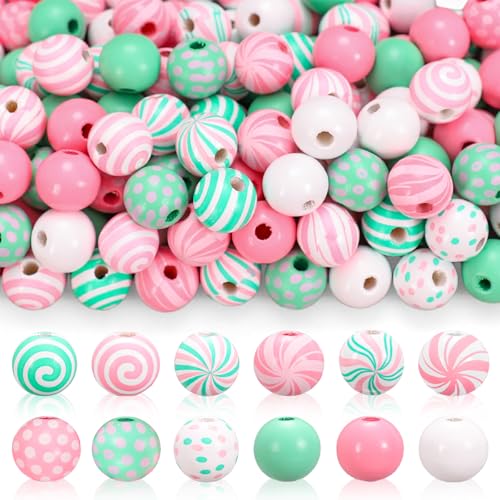 Whaline 210Pcs Christmas Wooden Beads 12 Styles Pink-Green Xmas Pattern Round Loose Bead Colored Craft Beads for Xmas Holiday Farmhouse Tree Decor Garland Bracelet DIY Making