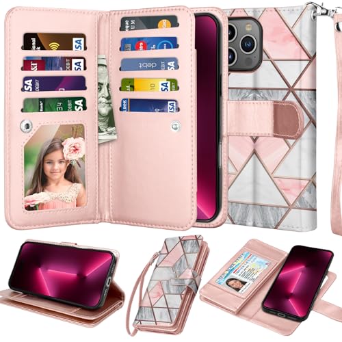 NJJEX Compatible with iPhone 16 Pro Max Wallet Case, 9 Card Slots Pink