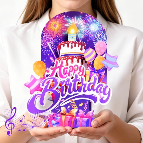 MZD8391 3D Pop Up Birthday Card with Music Lights and Fireworks, Blow Out Candle, Happy Birthday Song, Birthday Gift for Mom Dad Women Men Kids Father Wife Child
