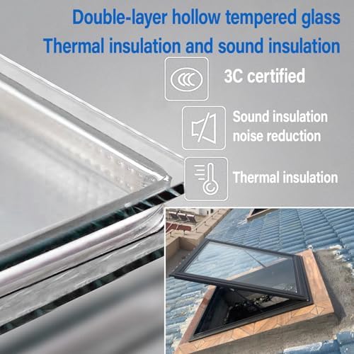Large Tempered Glass Roof Window Skylight, 23.6"x23.6", Aluminum Alloy Frame, Manual Ventilation, Ideal for Attics and Sun Rooms, Sloped Flat Roof Design