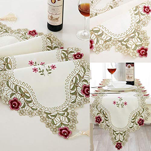 Lelehome 15 Inch X 69 Inch Classic Table Runner, Lace Flowers Embroidered Beige Floral Washable Dresser Scarf Table Top Dining Home Party Decor - Red Rose #TOP2