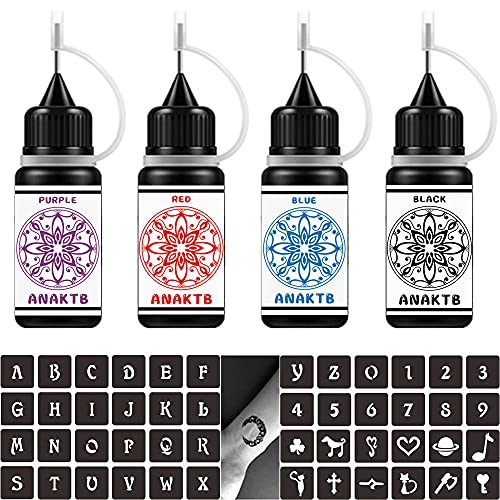 ANAKTB Temporary Tattoo Ink, Temporary Tattoo Kit for Women Men Kids Fake Tattoos Semi Permanent Tattoo Set with 54pcs Adhesive Tattoo Stencils DIY Fake Freckles Body Art Markers - Full Kit 4 Colors