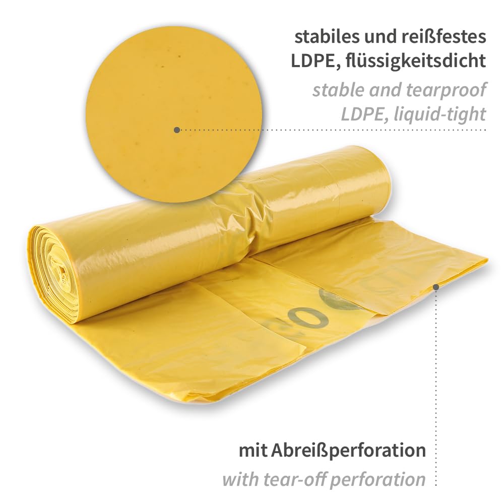 90 Stück, Müllsäcke, FRANZ MENSCH, 240 l, gelb, LDPE, 40my, reißfest, Rolle | Light, 135 x 115 cm, Abfallsack, Müllbeutel, Mülltüten, Abfallbeutel, trash bags, Hausmüll, Gewerbe, Reinigung