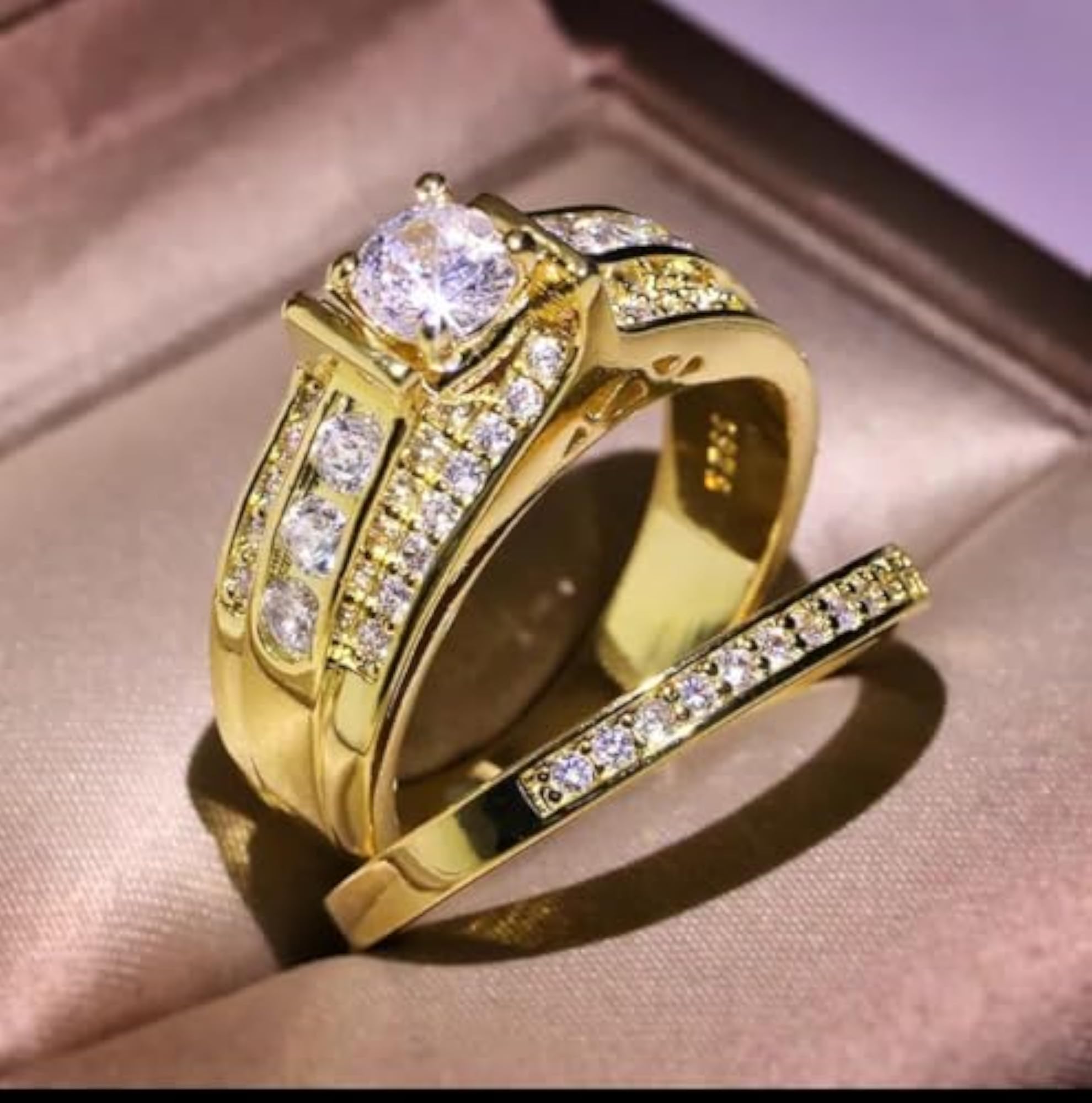 Women's Luxury Gold-Plated Diamond Ring Set, Engagement & Wedding