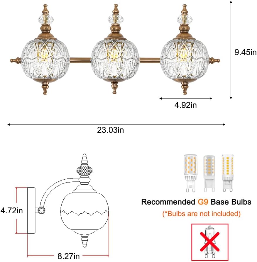 Brushed Antique Brass Bathroom Vanity Light Fixture Vintage Style - 3 Light G9 Bulb Compatible, 23" Wide Bathroom Lighting Over Mirror with Hand-Etched Glass Shades, Easy Mount for Makeup Area