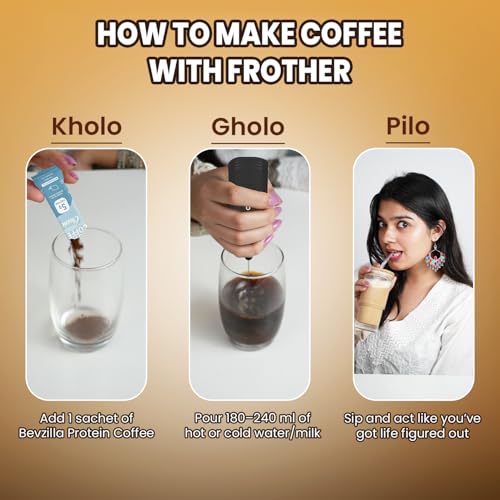 Image of Bevzilla Everyday Protein Coffee Sachets & Rechargeable Frother | Assorted 4 Flavour | 5 g Protein per Serve | 16 Sachets Pack | 3-Speed Electric Frother with Type-C Fast Charging